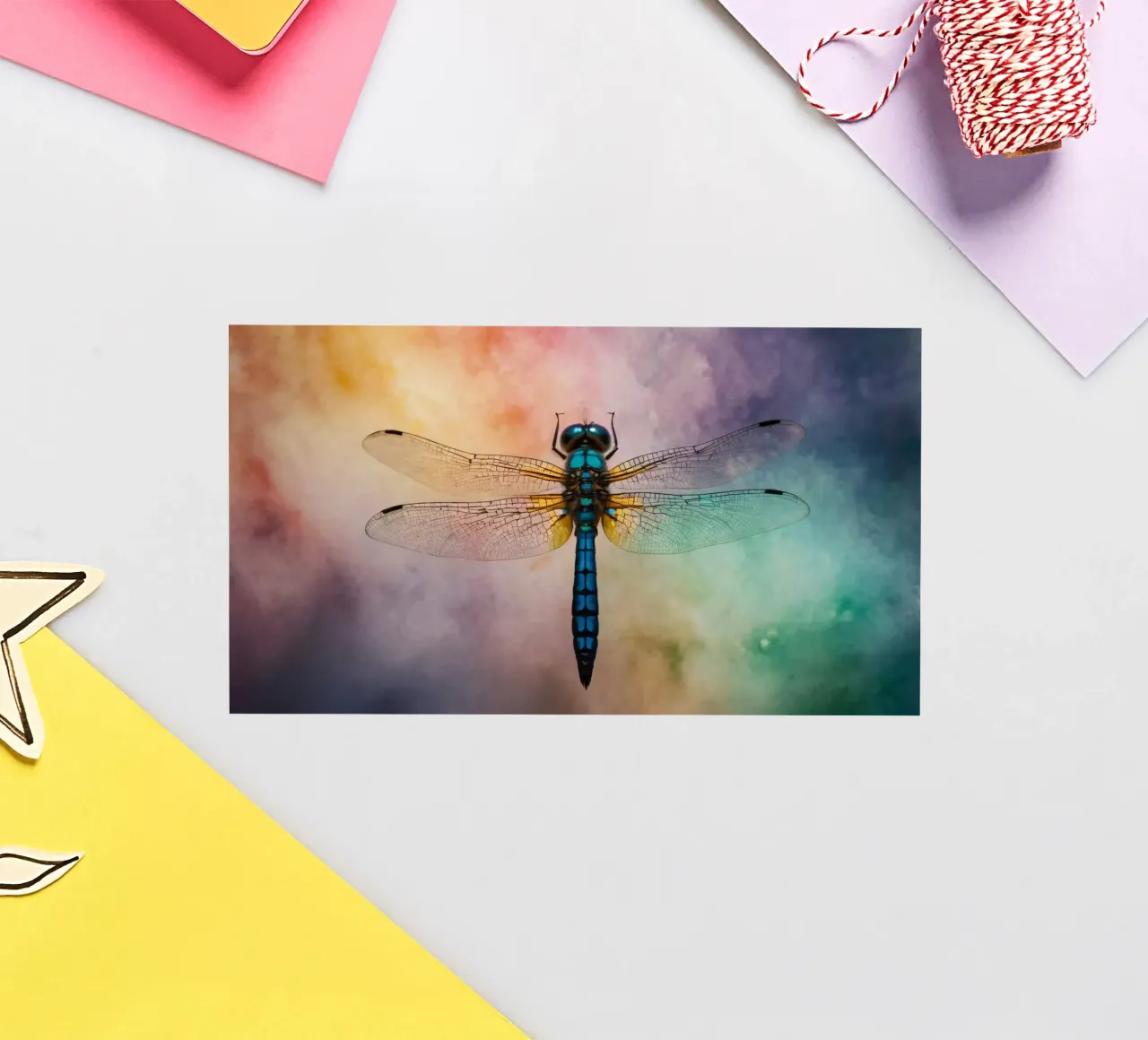 Colorful dragonfly hovering against a vibrant, abstract back sticker by DesignDoodle