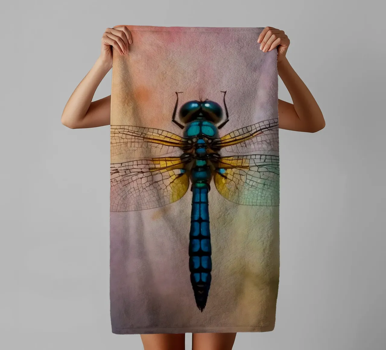 Colorful dragonfly hovering against a vibrant, abstract back towel by DesignDoodle