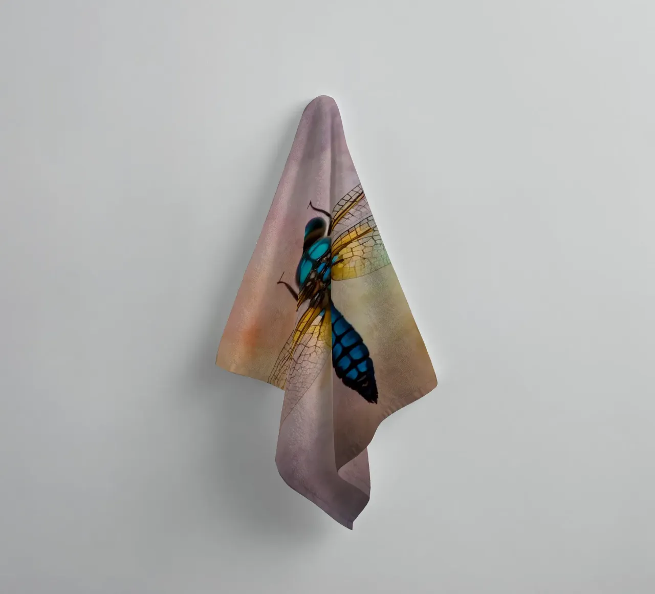 Colorful dragonfly hovering against a vibrant, abstract back towel by DesignDoodle