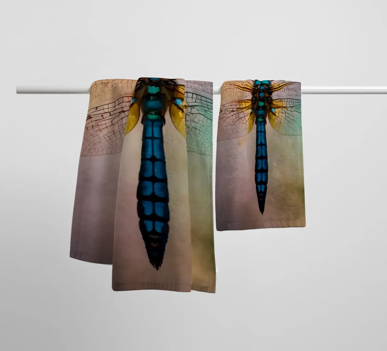Colorful dragonfly hovering against a vibrant, abstract back towel by DesignDoodle