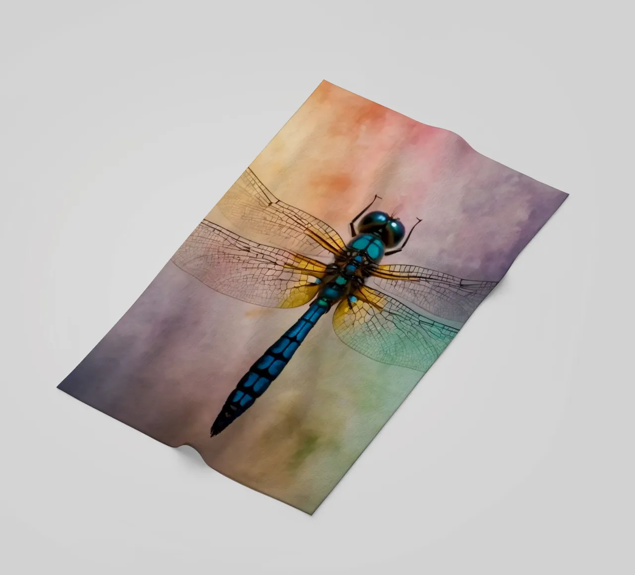 Colorful dragonfly hovering against a vibrant, abstract back beach towel by DesignDoodle