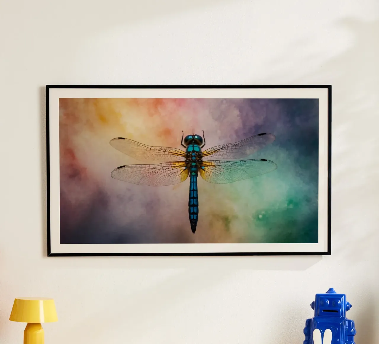 Colorful dragonfly hovering against a vibrant, abstract back hahnemühle by DesignDoodle