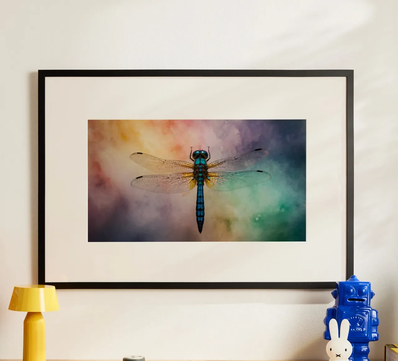 Colorful dragonfly hovering against a vibrant, abstract back hahnemühle by DesignDoodle