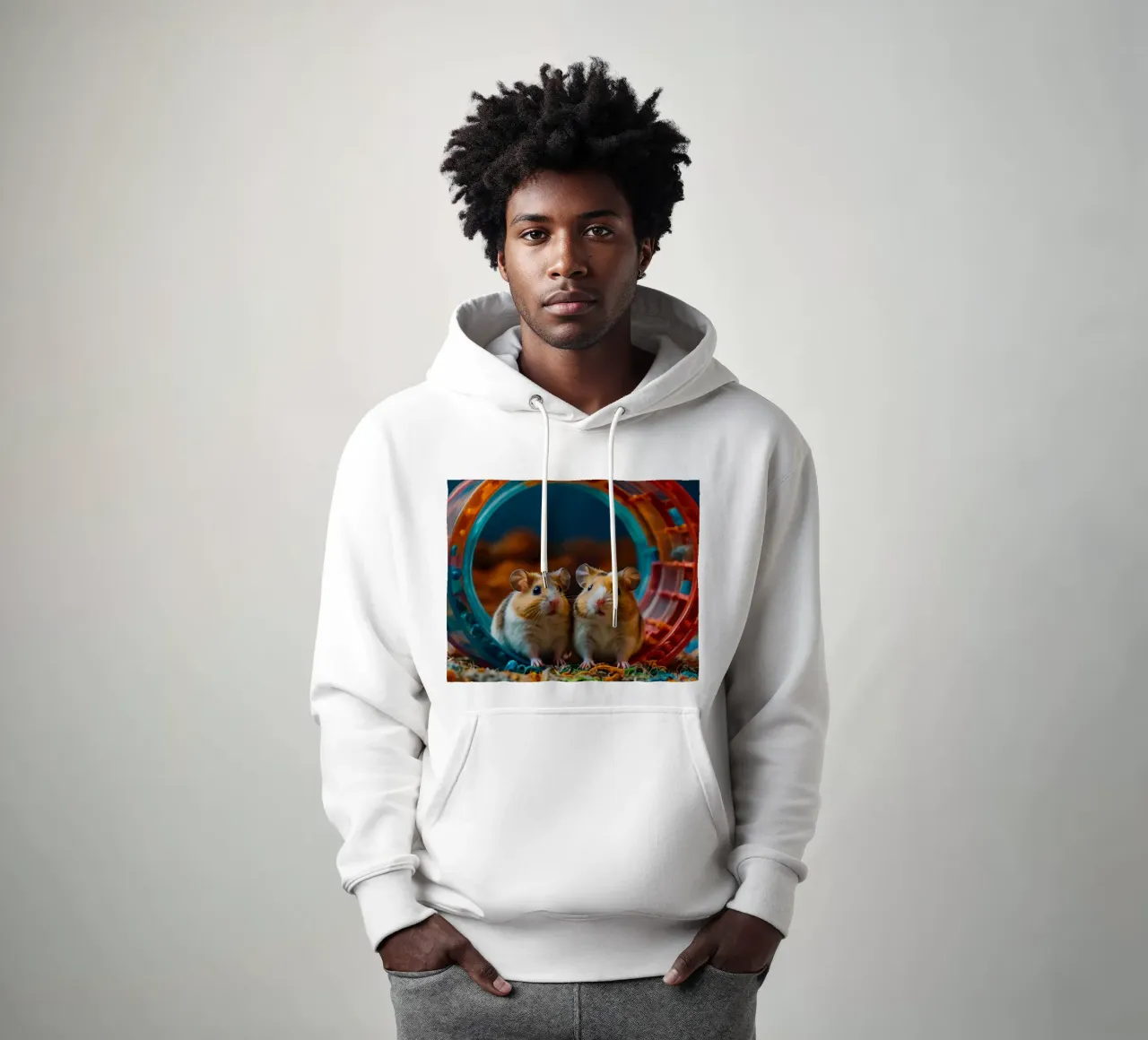 adorables hamsters juegan juntos en una colorida rueda de ejercicio sudadera con capucha de DesignDoodle
