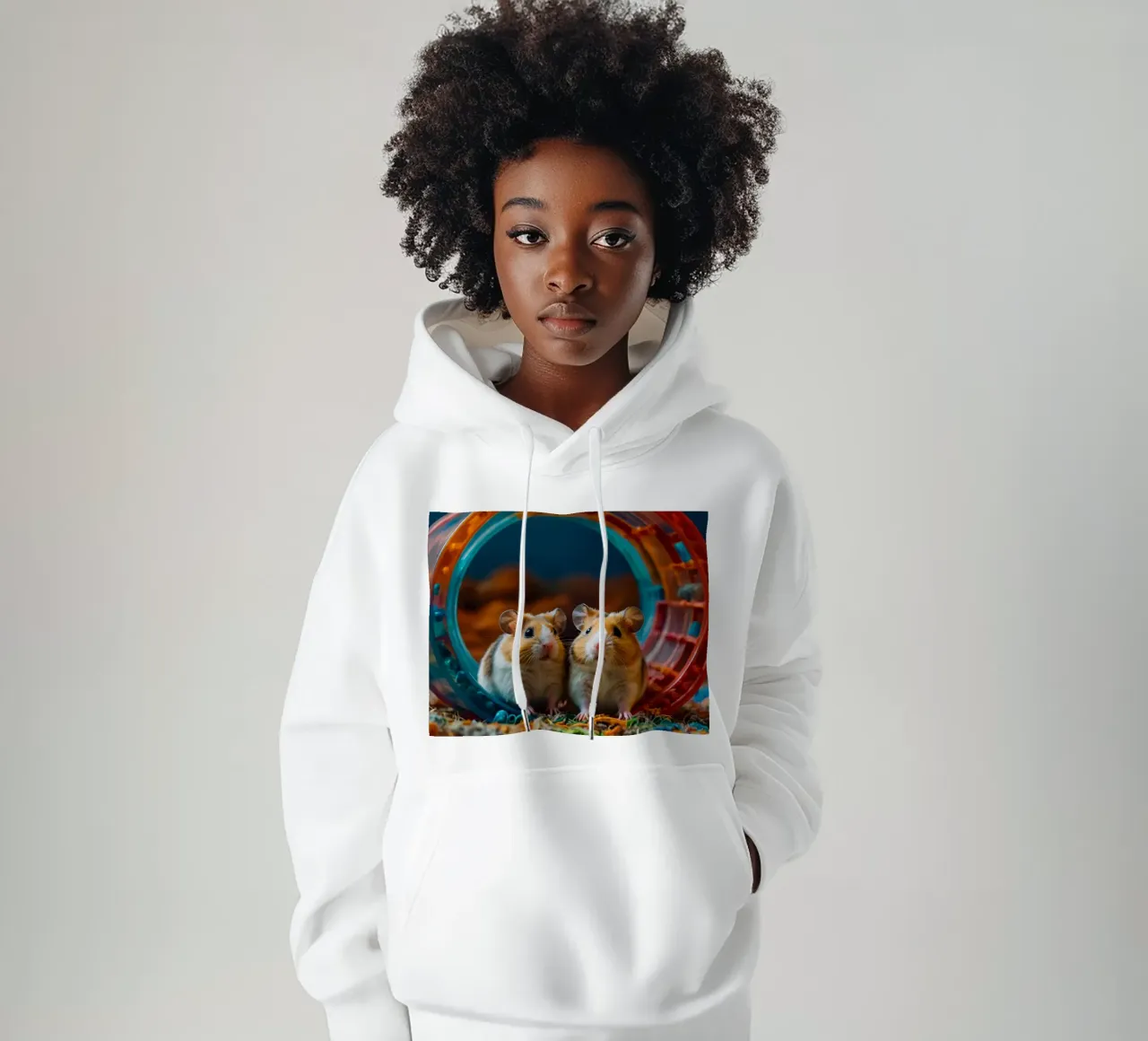 adorables hamsters juegan juntos en una colorida rueda de ejercicio sudadera con capucha de DesignDoodle