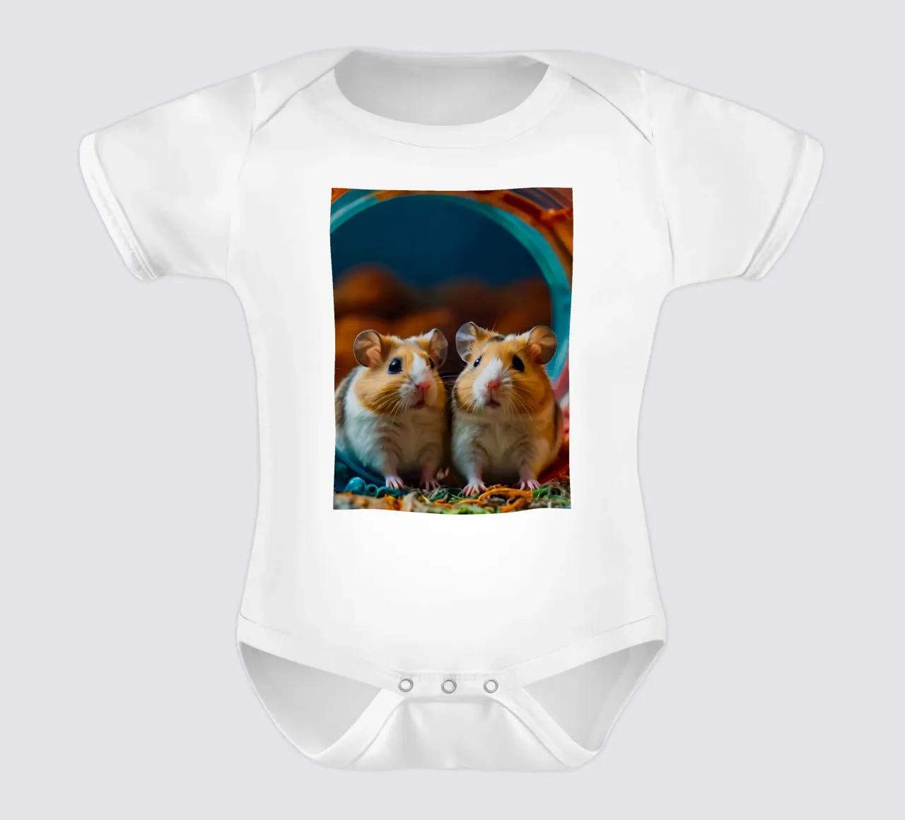 adorables hamsters juegan juntos en una colorida rueda de ejercicio body de bebé de DesignDoodle