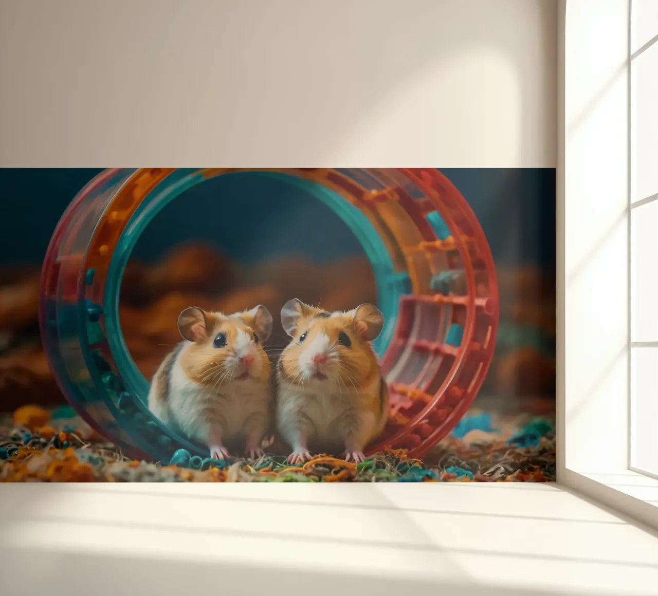 d'adorables hamsters jouent ensemble dans une roue d'exercice colorée papier peint photo de DesignDoodle