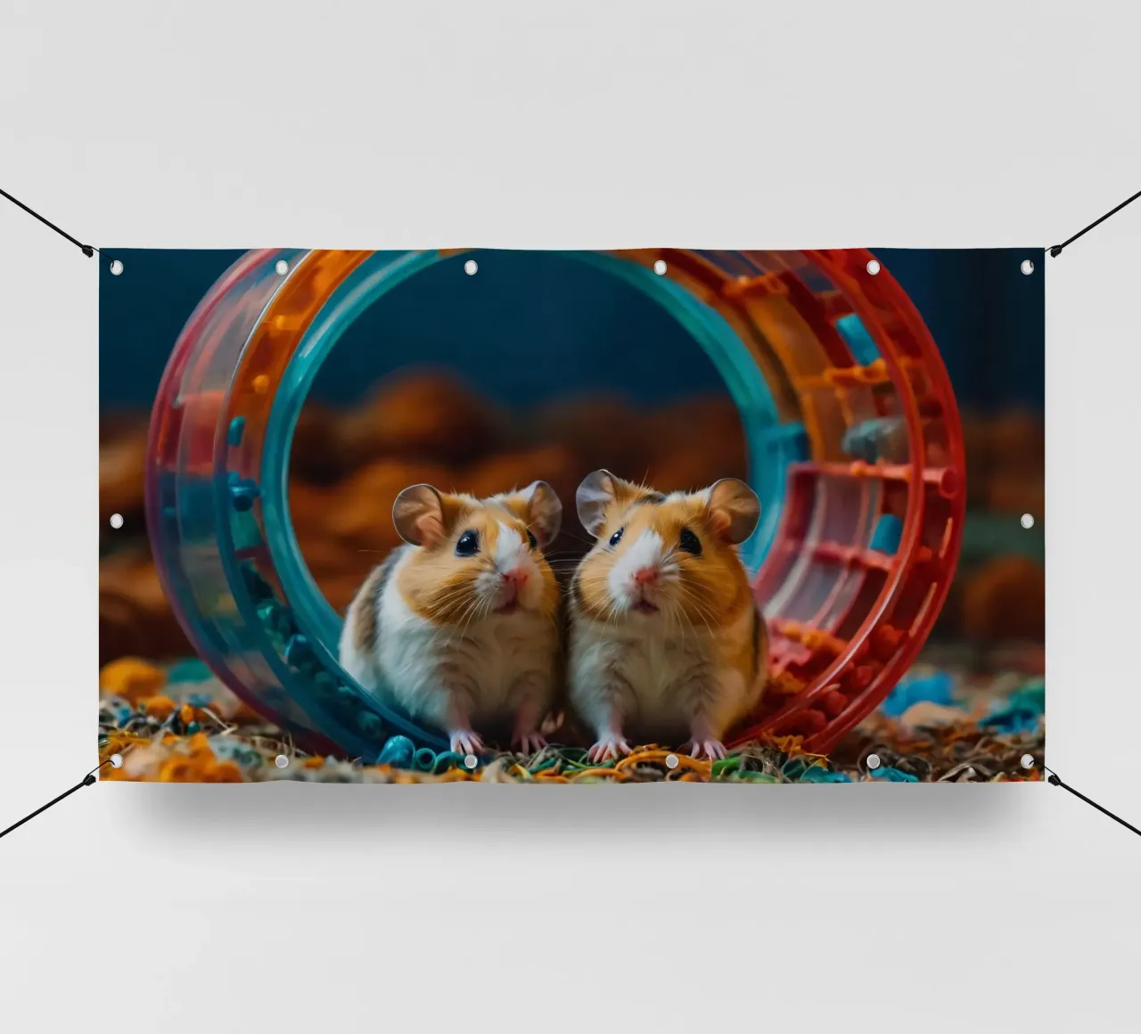 d'adorables hamsters jouent ensemble dans une roue d'exercice colorée bâche pvc de DesignDoodle
