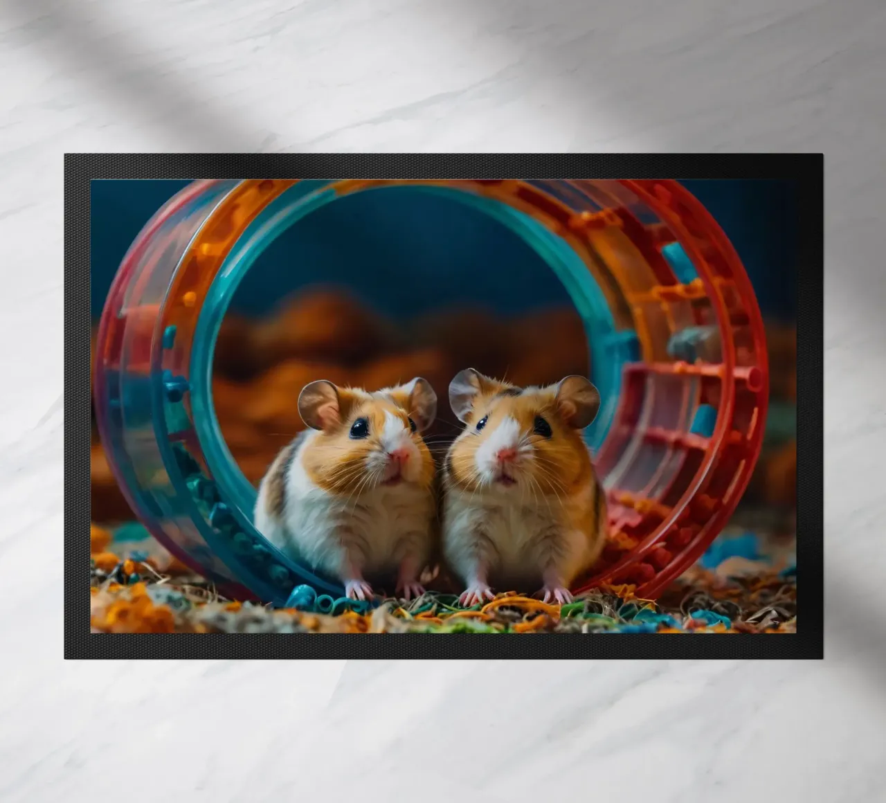 adorables hamsters juegan juntos en una colorida rueda de ejercicio felpudo de DesignDoodle