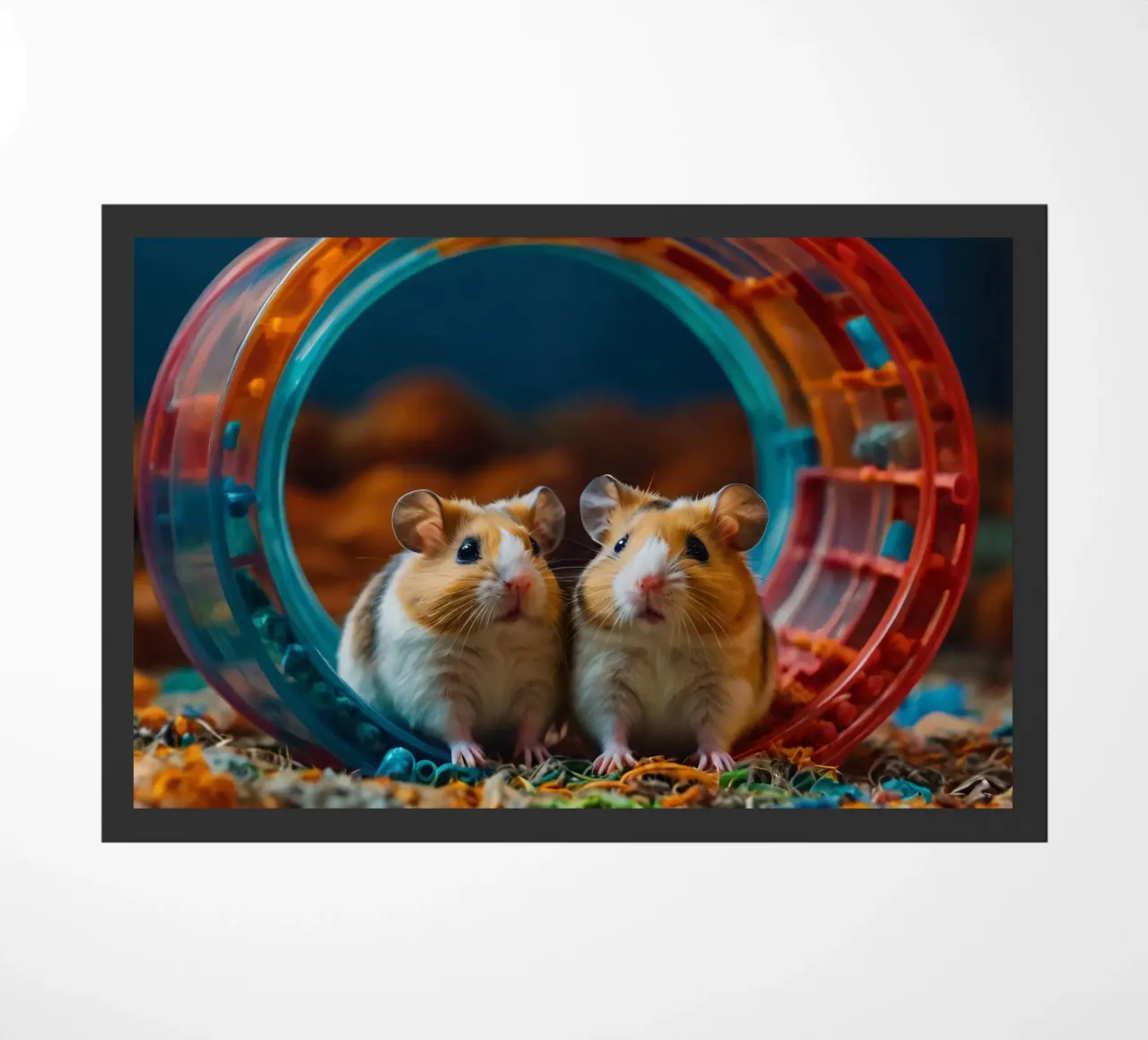 adorables hamsters juegan juntos en una colorida rueda de ejercicio felpudo de DesignDoodle