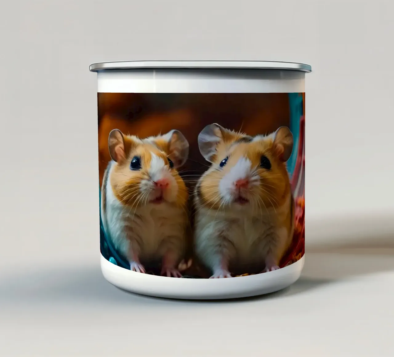 d'adorables hamsters jouent ensemble dans une roue d'exercice colorée mug en émail de DesignDoodle