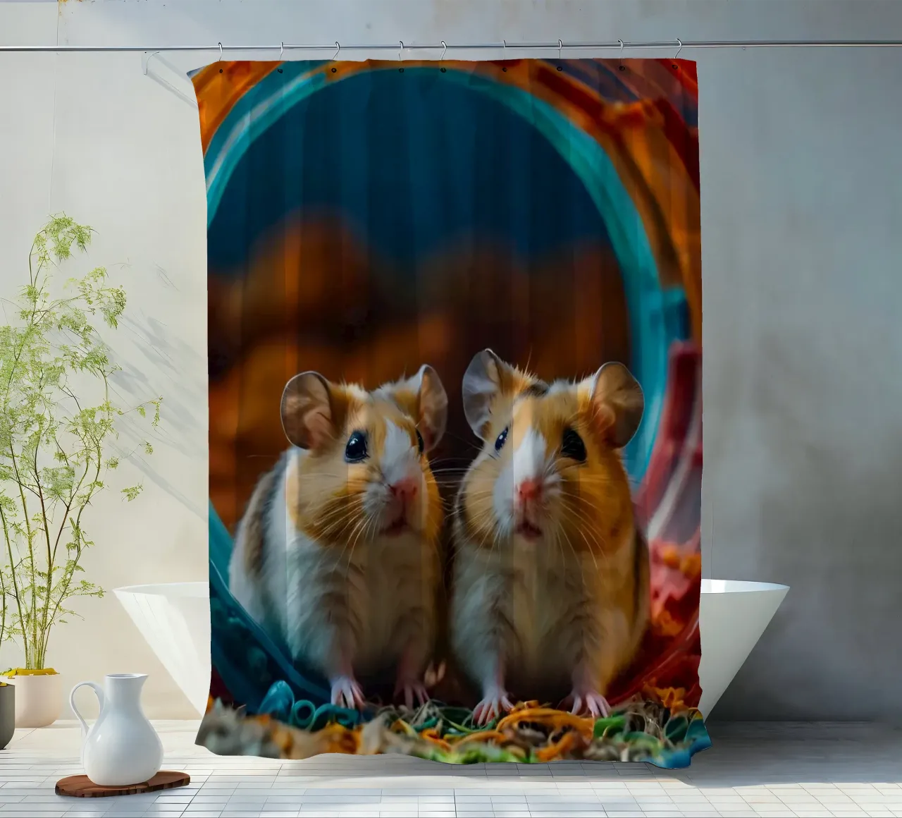 d'adorables hamsters jouent ensemble dans une roue d'exercice colorée rideau de douche de DesignDoodle