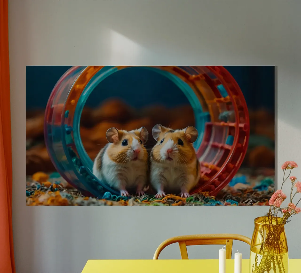 adorables hamsters juegan juntos en una colorida rueda de ejercicio metacrilato de DesignDoodle