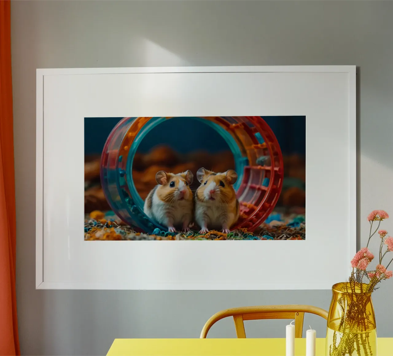 adorables hamsters juegan juntos en una colorida rueda de ejercicio hahnemühle de DesignDoodle