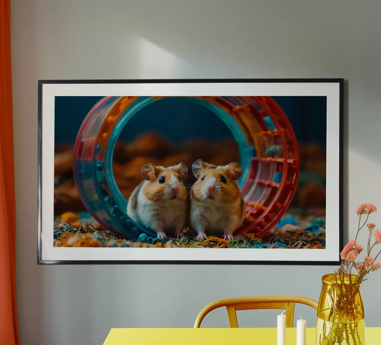 adorables hamsters juegan juntos en una colorida rueda de ejercicio hahnemühle de DesignDoodle
