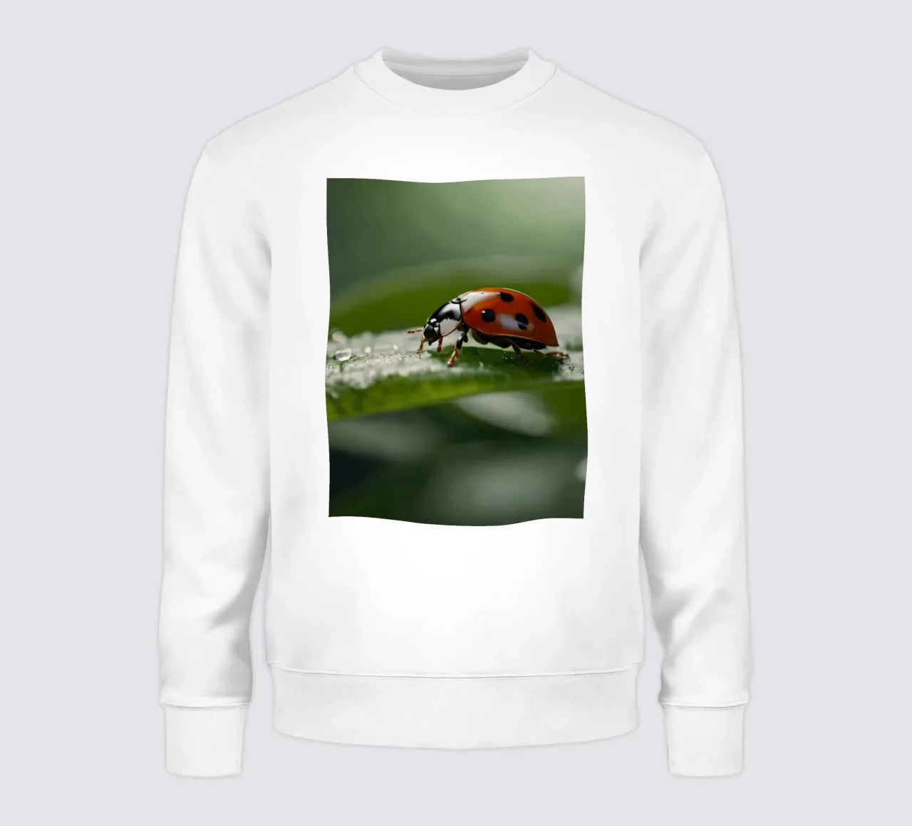Coccinella che striscia su una foglia verde ornata di gocce d'acqua felpa da DesignDoodle