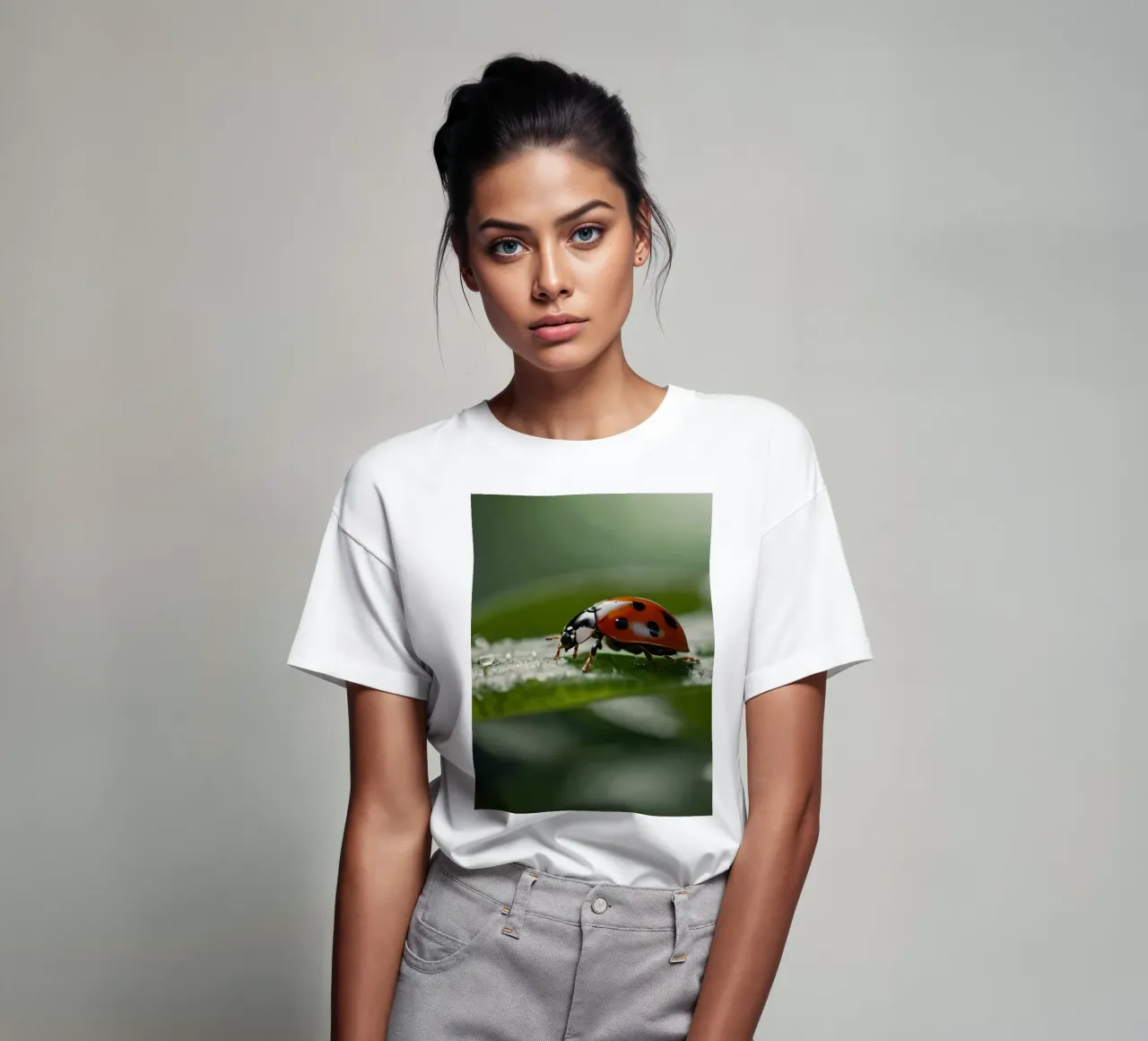 Ladybug crawling on a green leaf adorned with water droplets t-shirt by DesignDoodle