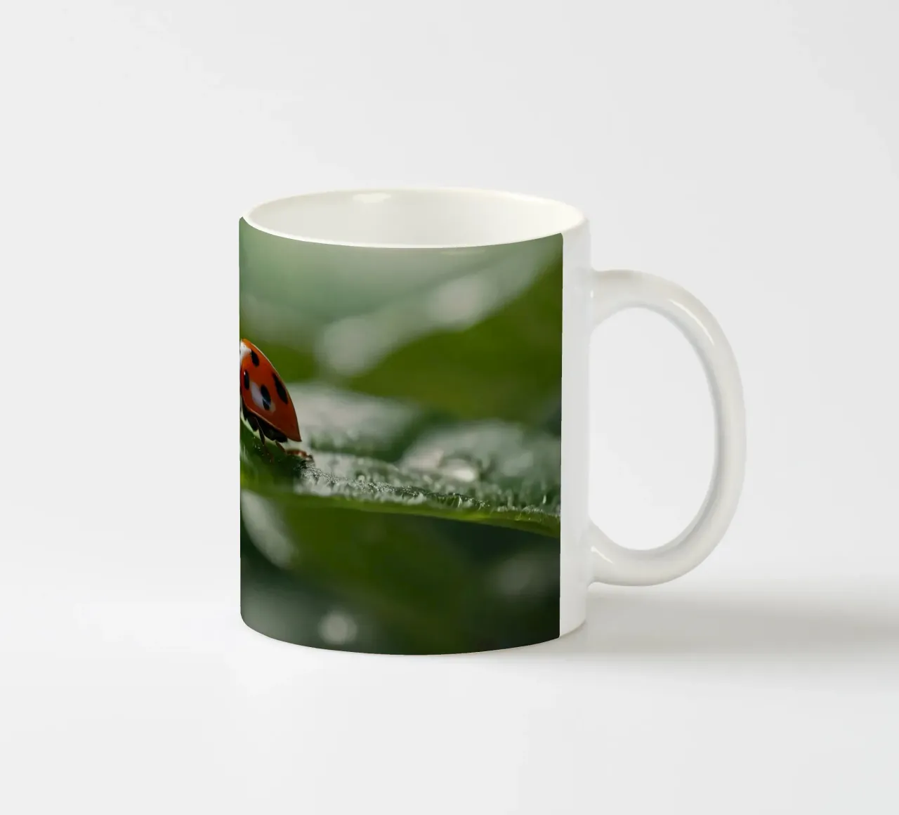 Coccinella che striscia su una foglia verde ornata di gocce d'acqua tazza in ceramica da DesignDoodle