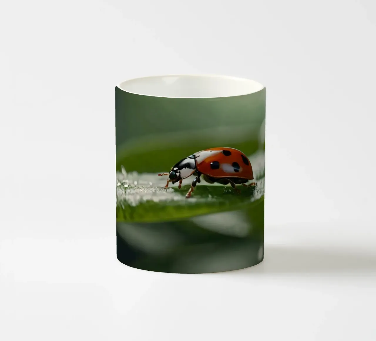 Coccinella che striscia su una foglia verde ornata di gocce d'acqua tazza in ceramica da DesignDoodle