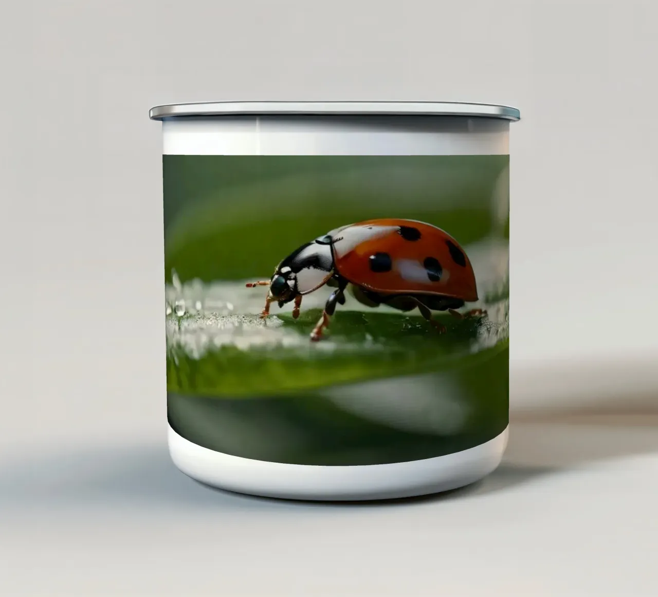 Coccinella che striscia su una foglia verde ornata di gocce d'acqua tazza in smalto da DesignDoodle