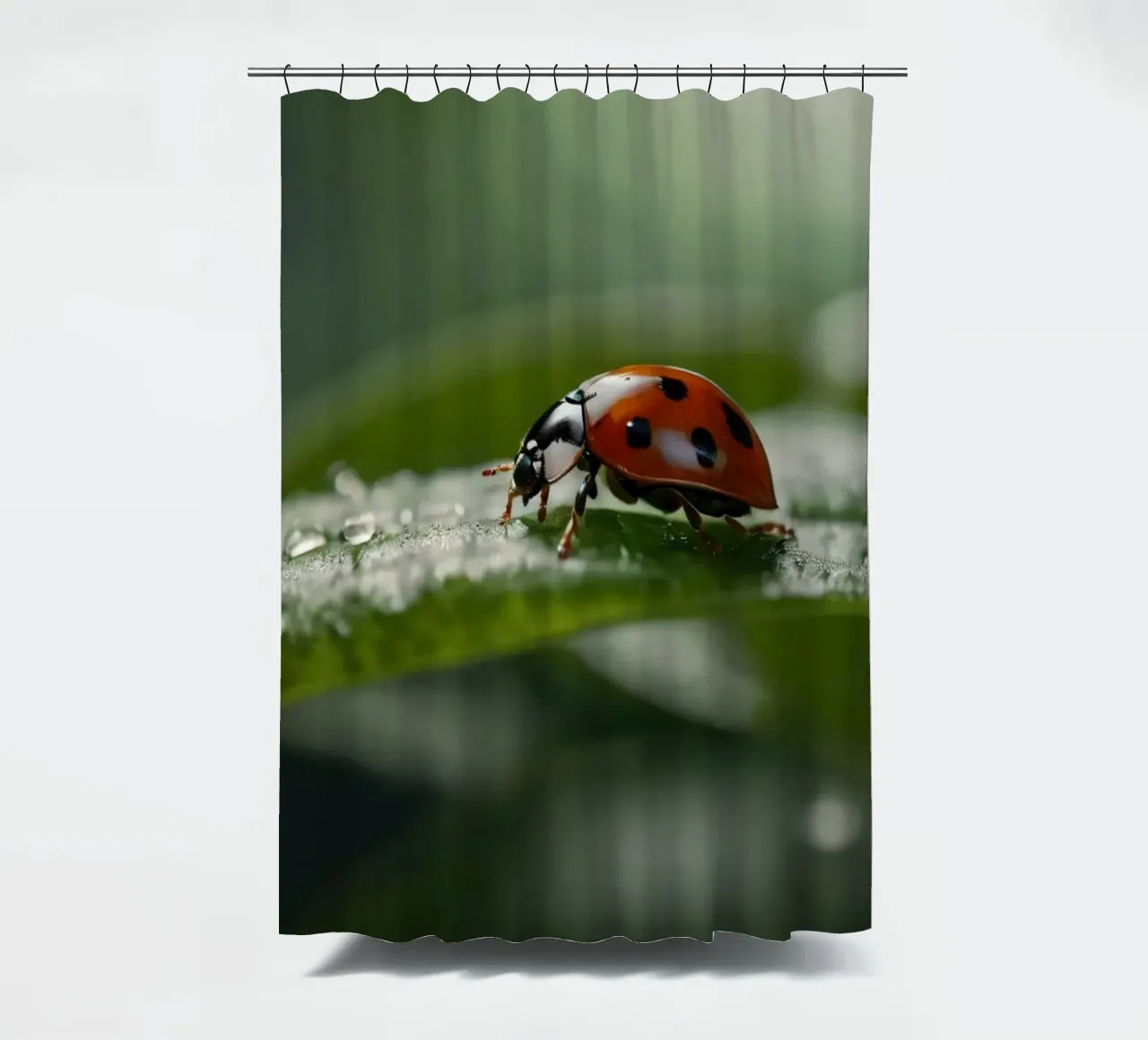Ladybug crawling on a green leaf adorned with water droplets shower curtain by DesignDoodle