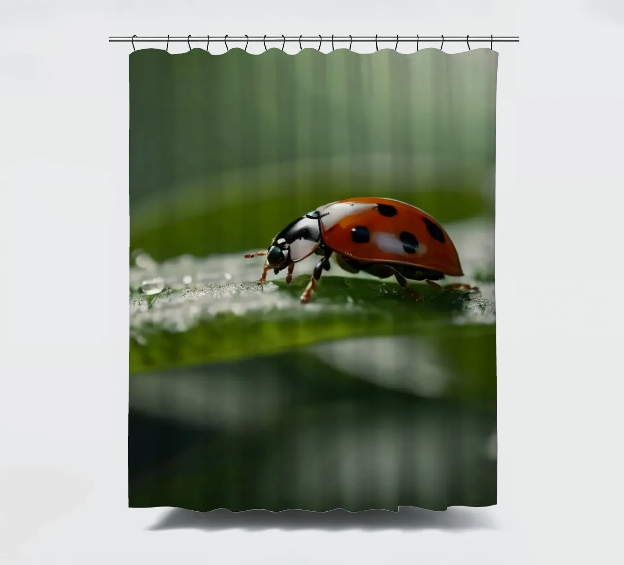 Ladybug crawling on a green leaf adorned with water droplets shower curtain by DesignDoodle