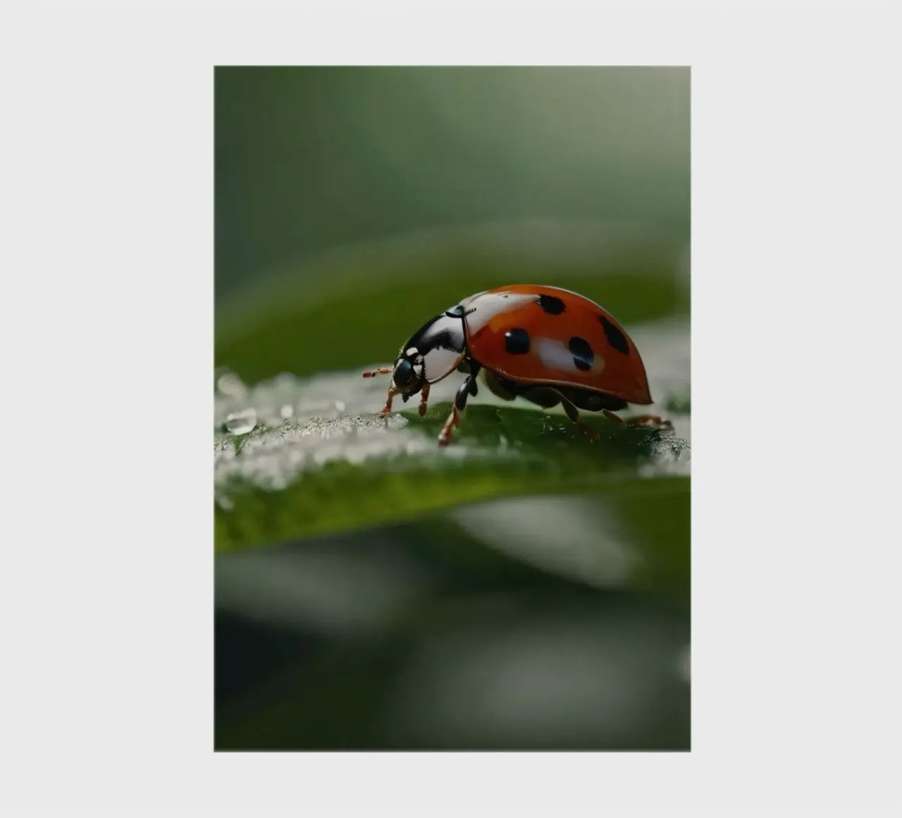 Ladybug crawling on a green leaf adorned with water droplets notebook by DesignDoodle