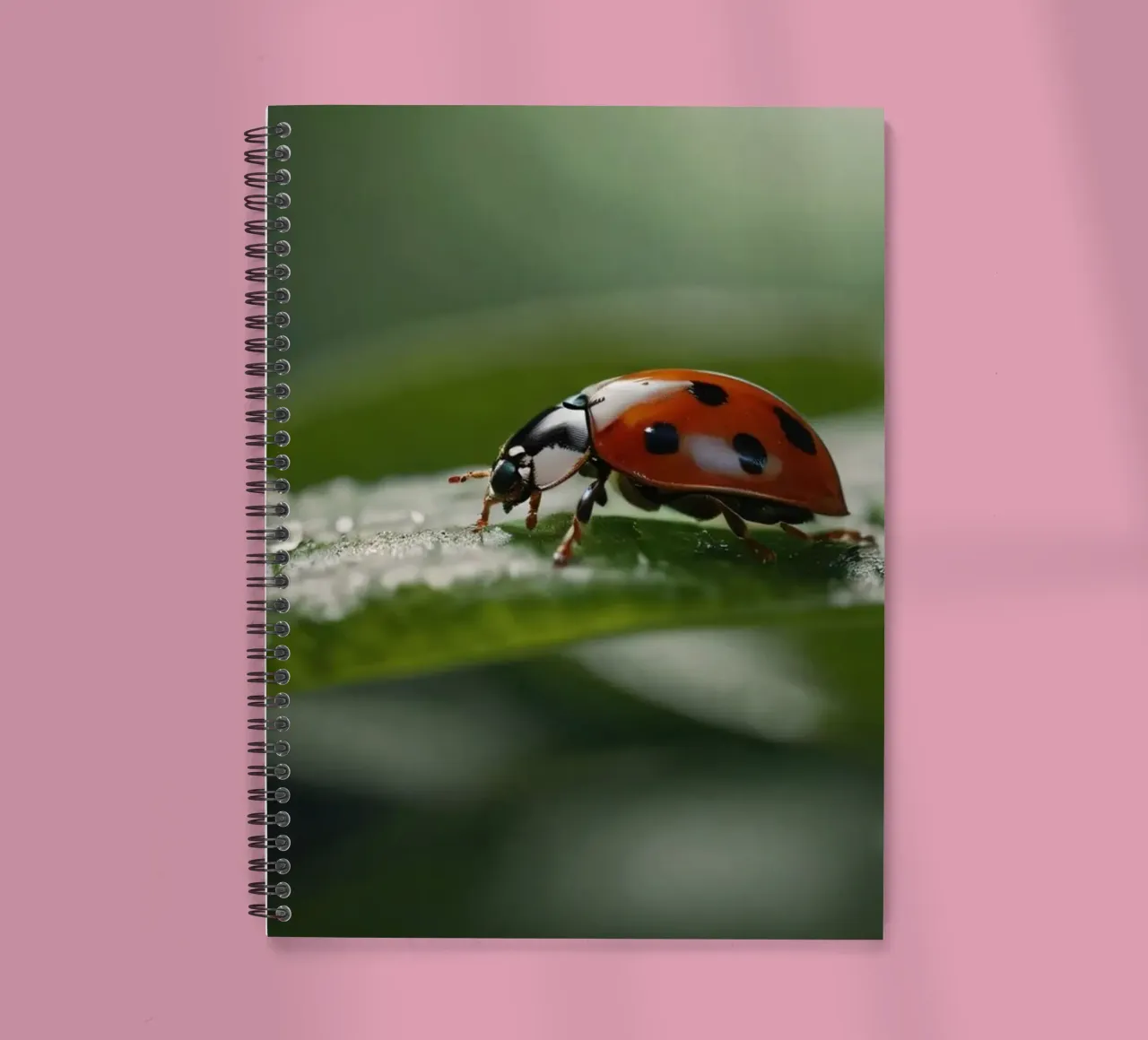 Ladybug crawling on a green leaf adorned with water droplets spiral notebook by DesignDoodle