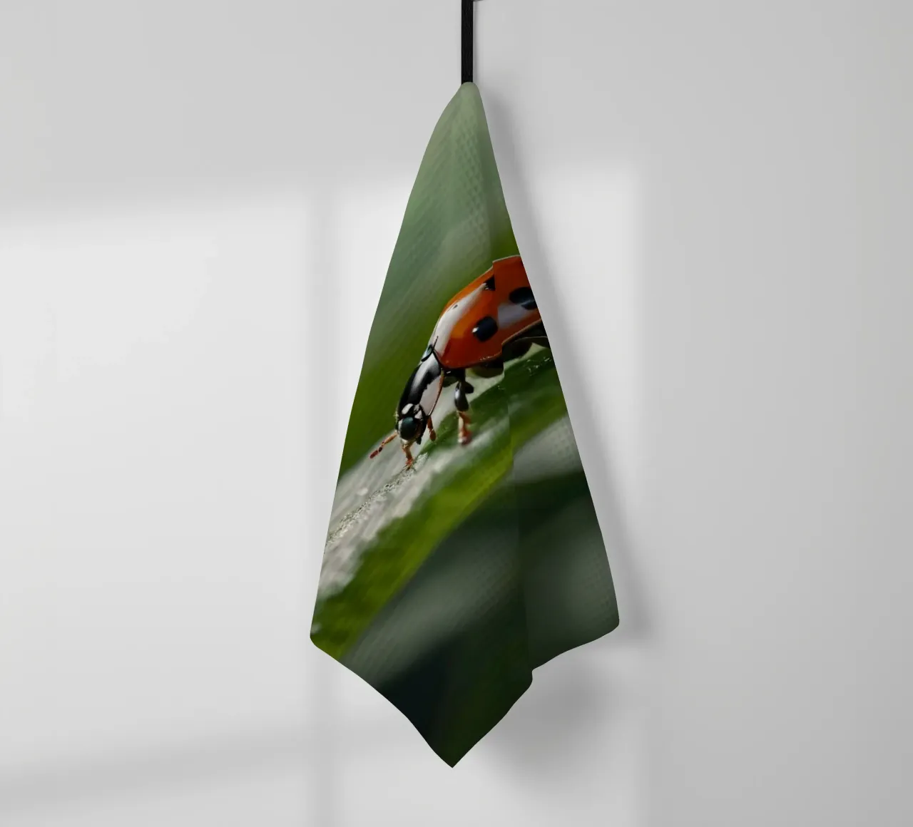 Coccinella che striscia su una foglia verde ornata di gocce d'acqua canovaccio da cucina da DesignDoodle