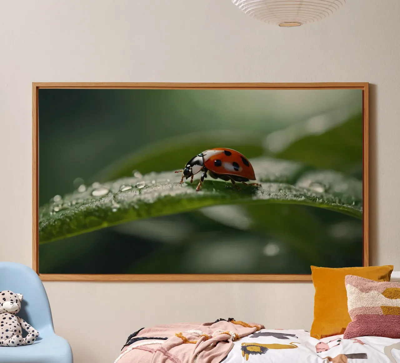Coccinella che striscia su una foglia verde ornata di gocce d'acqua alluminio dibond da DesignDoodle