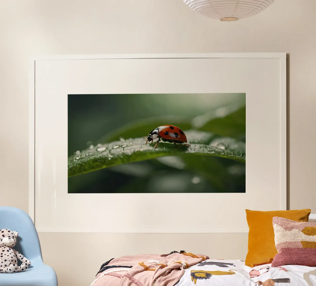 Ladybug crawling on a green leaf adorned with water droplets hahnemühle by DesignDoodle