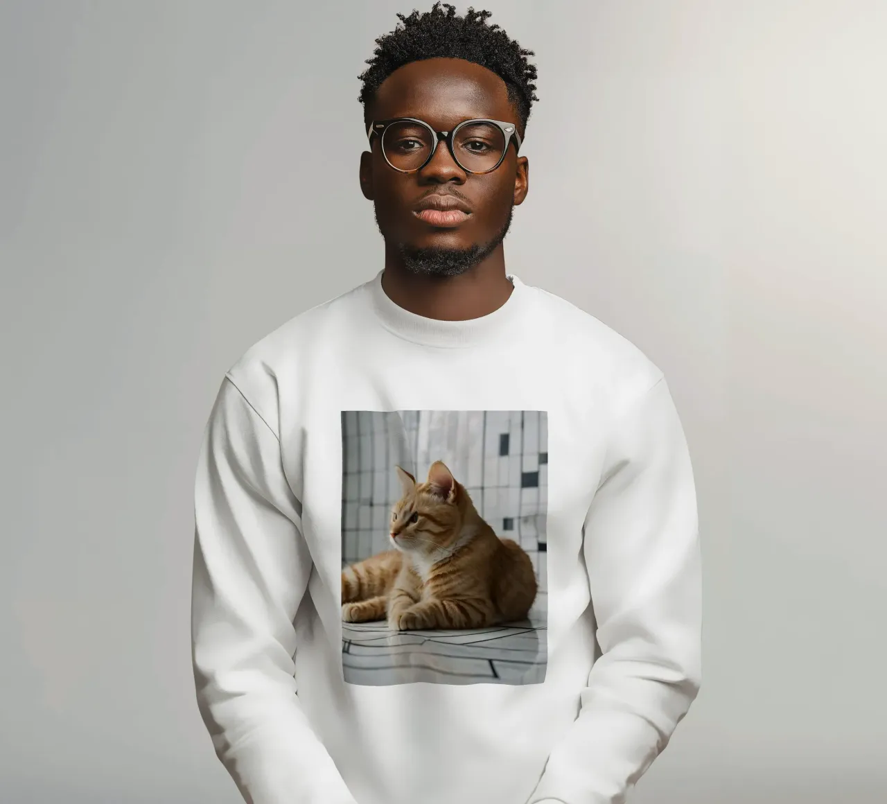 Gatto soriano arancione che si rilassa sul pavimento piastrellato in un interno moderno felpa da DesignDoodle