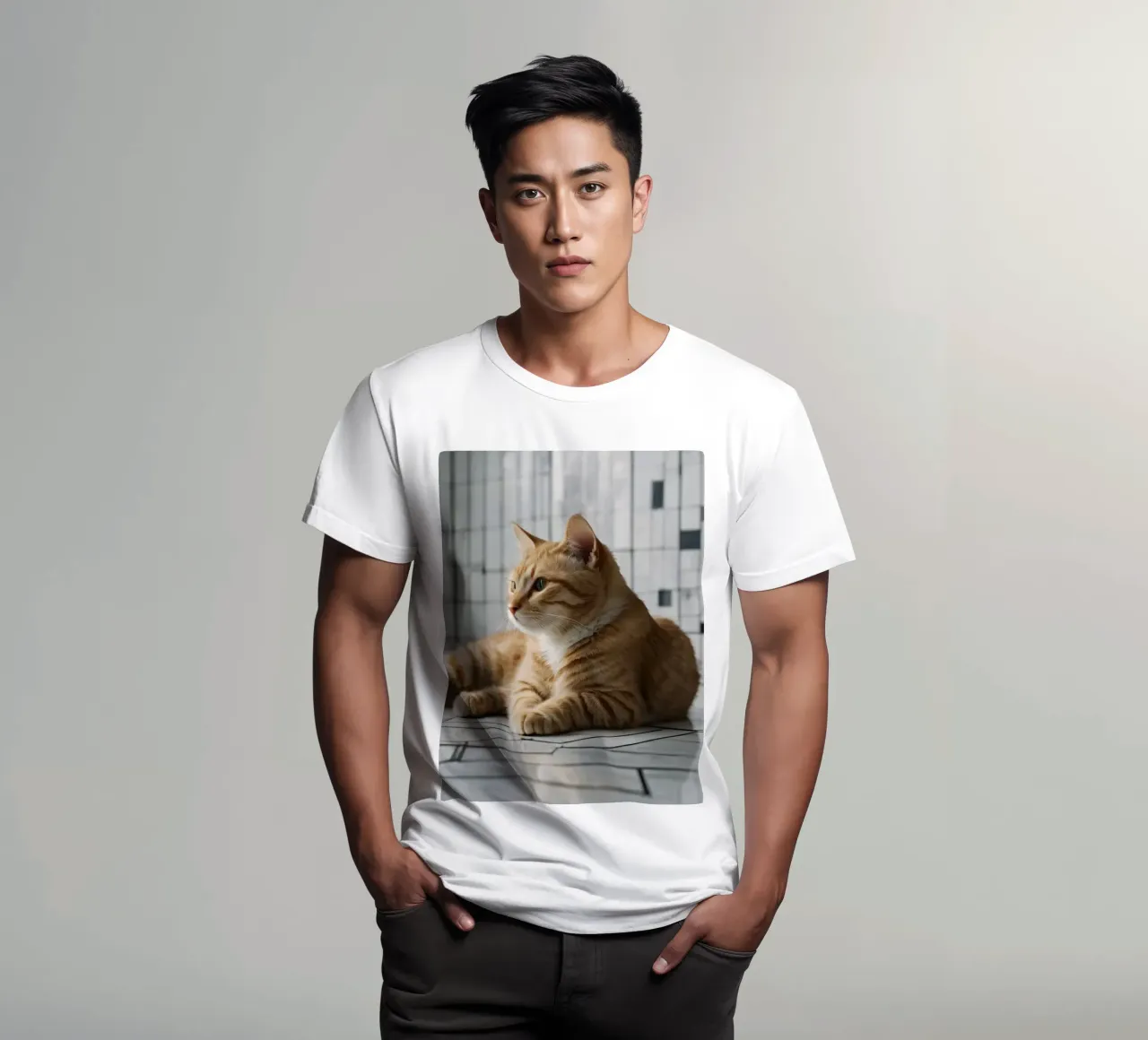 Gatto soriano arancione che si rilassa sul pavimento piastrellato in un interno moderno t-shirt da DesignDoodle