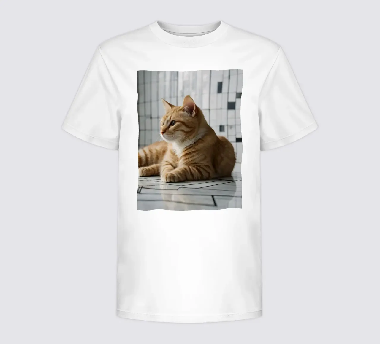 Orange tabby cat relaxing on tiled floor in modern interior kids t-shirt by DesignDoodle