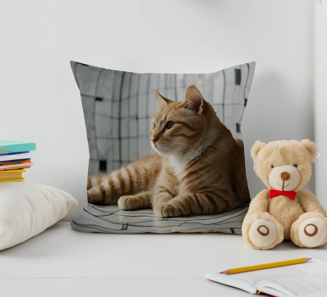 Gatto soriano arancione che si rilassa sul pavimento piastrellato in un interno moderno cuscino da DesignDoodle