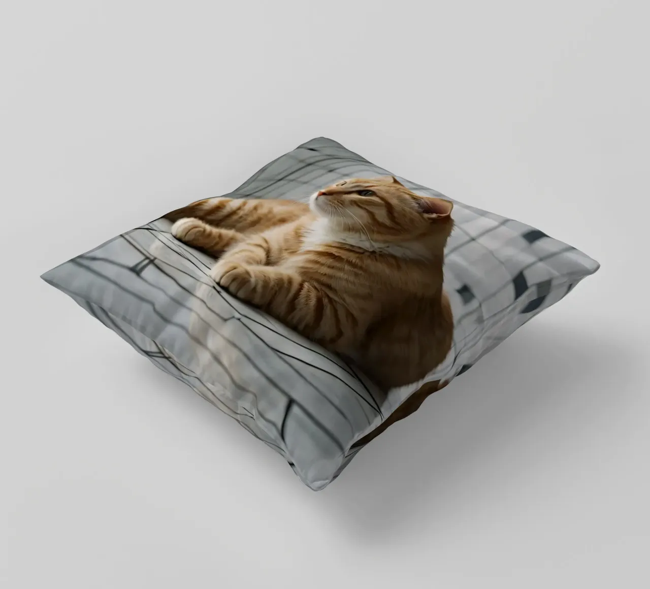 Gatto soriano arancione che si rilassa sul pavimento piastrellato in un interno moderno cuscino da DesignDoodle