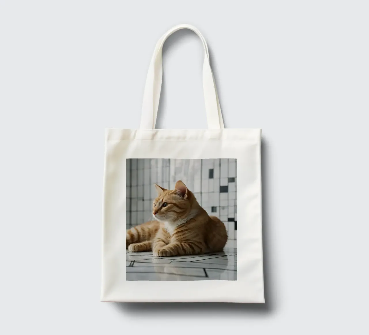 Gatto soriano arancione che si rilassa sul pavimento piastrellato in un interno moderno borsa in juta da DesignDoodle