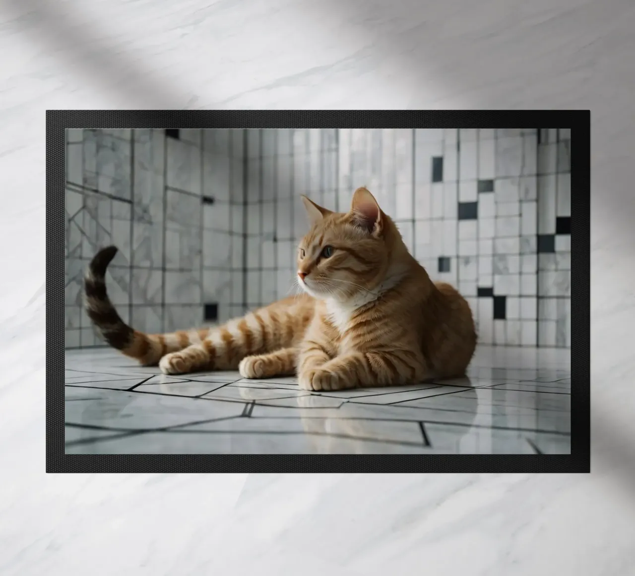 Gatto soriano arancione che si rilassa sul pavimento piastrellato in un interno moderno zerbino da DesignDoodle