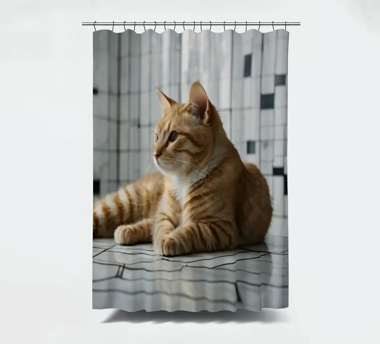 Gatto soriano arancione che si rilassa sul pavimento piastrellato in un interno moderno tenda da doccia da DesignDoodle