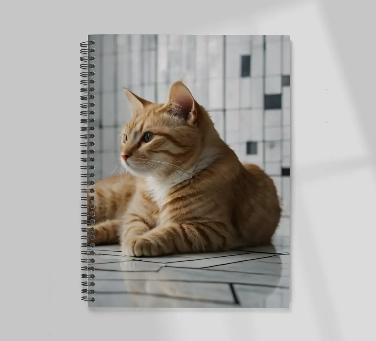 Orange tabby cat relaxing on tiled floor in modern interior spiral notebook by DesignDoodle