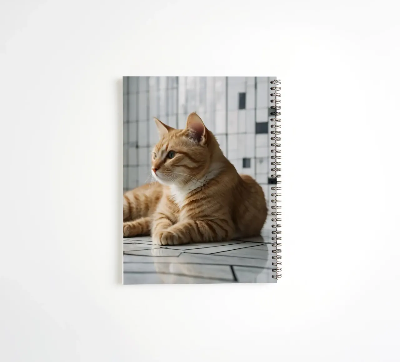 Orange tabby cat relaxing on tiled floor in modern interior spiral notebook by DesignDoodle