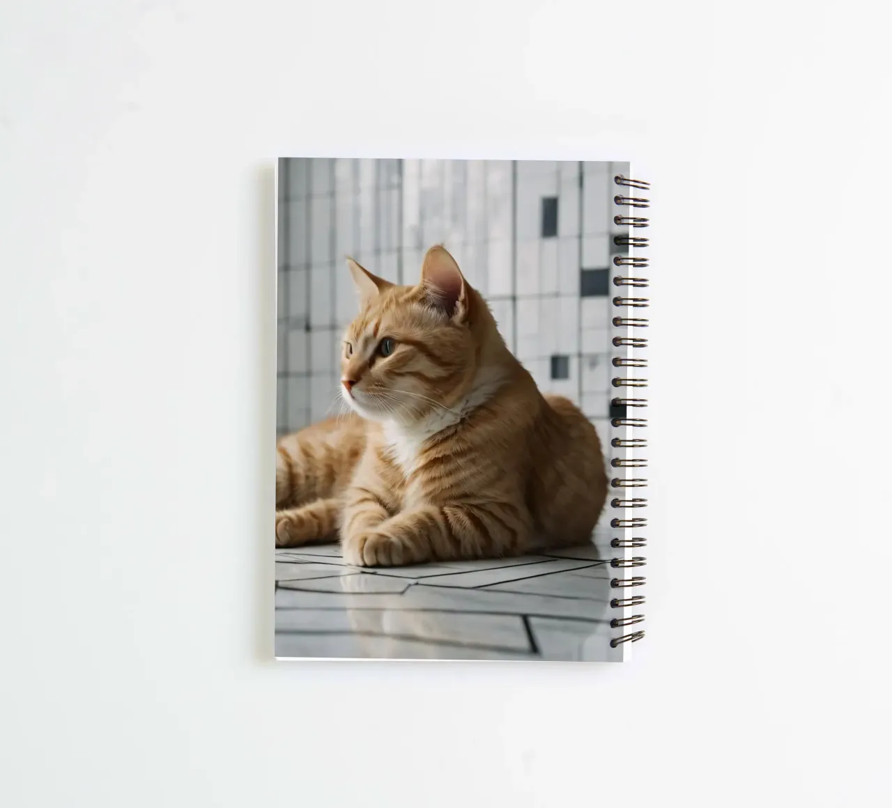 Orange tabby cat relaxing on tiled floor in modern interior spiral notebook by DesignDoodle