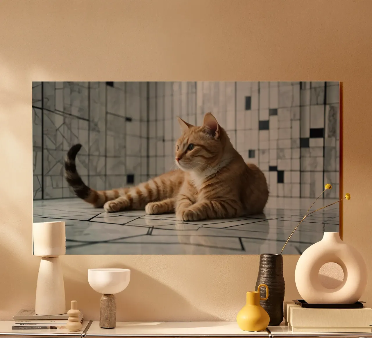 Gatto soriano arancione che si rilassa sul pavimento piastrellato in un interno moderno plexiglass da DesignDoodle