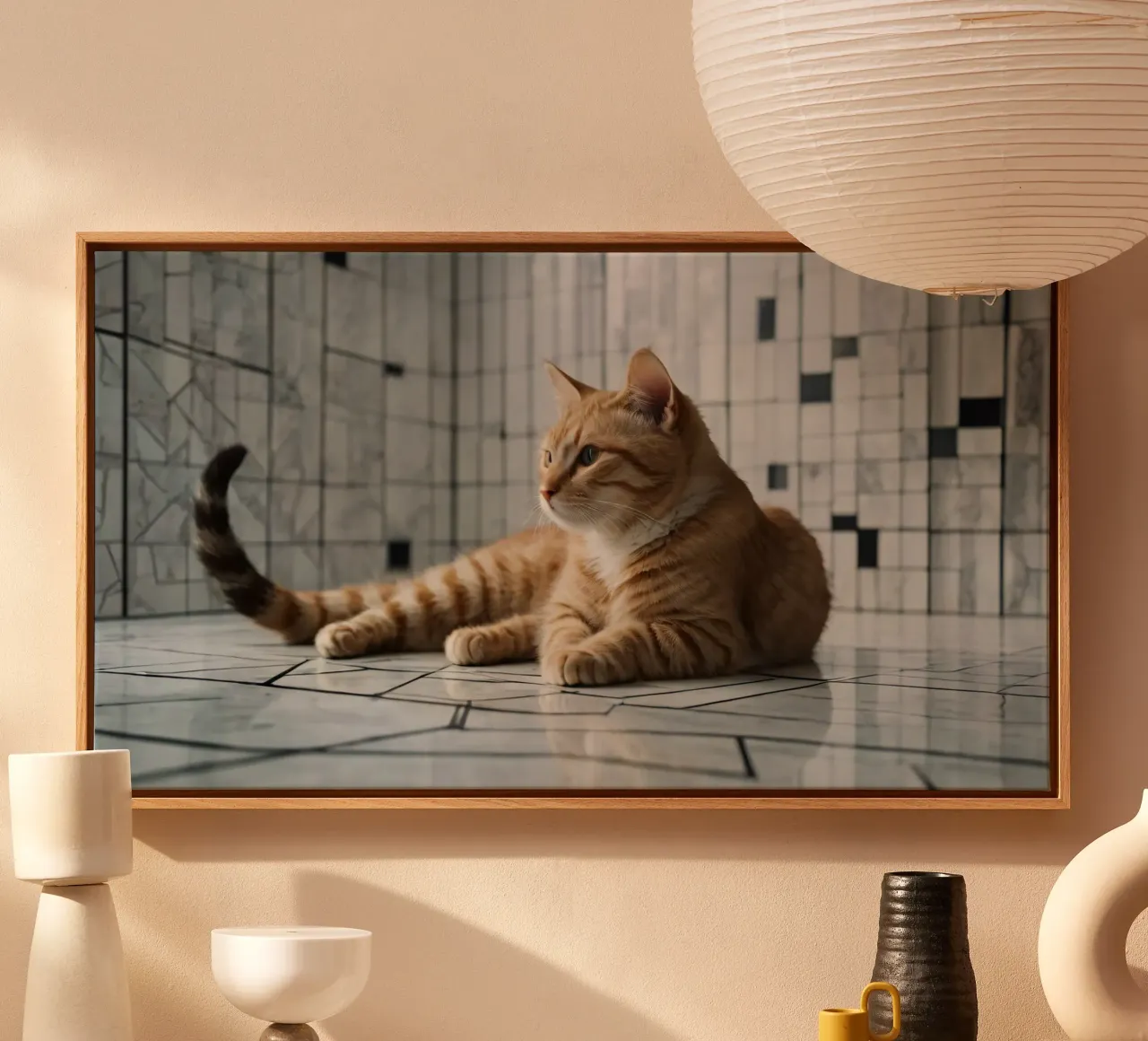 Orange tabby cat relaxing on tiled floor in modern interior canvas by DesignDoodle