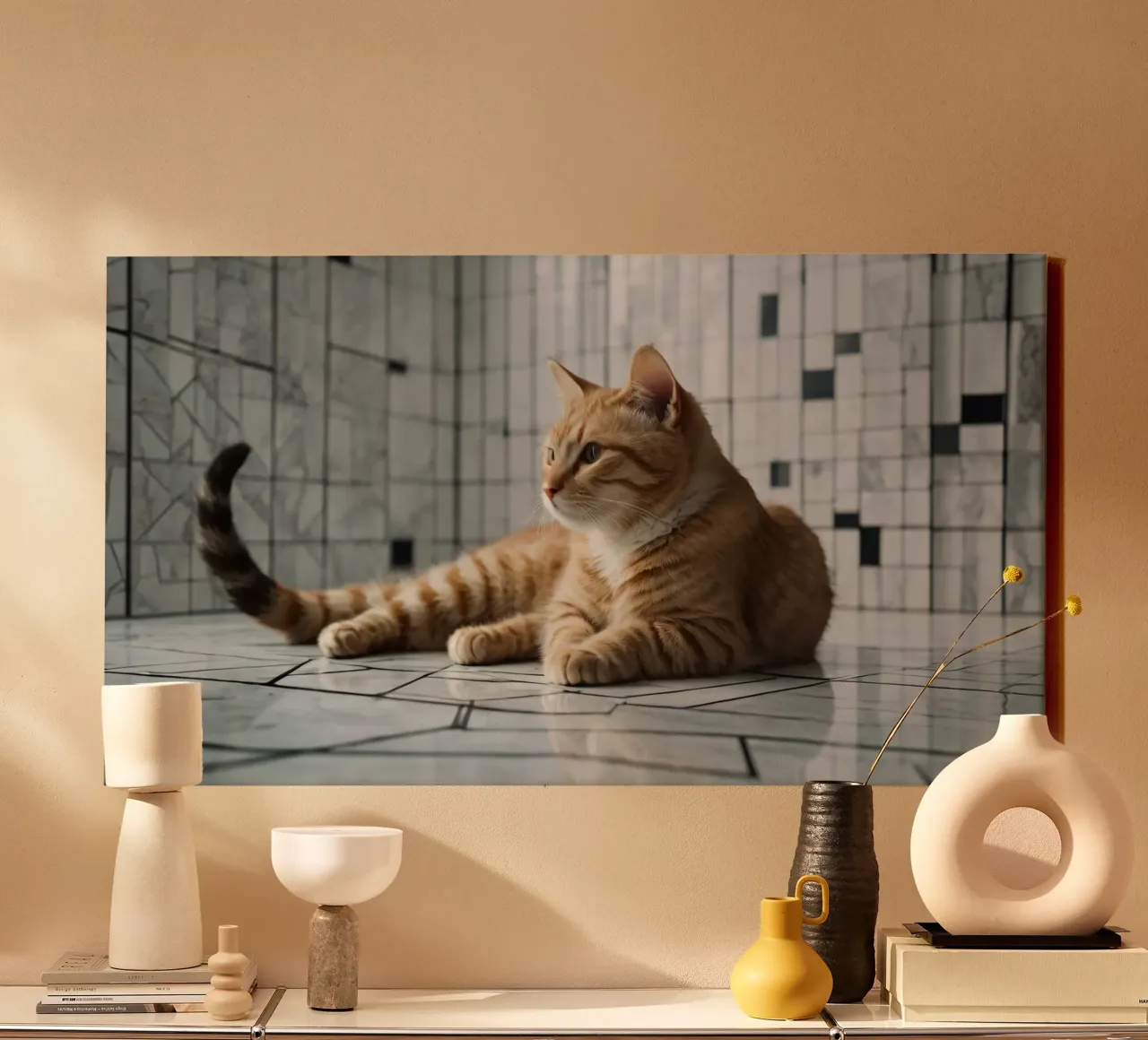 Orange tabby cat relaxing on tiled floor in modern interior canvas by DesignDoodle