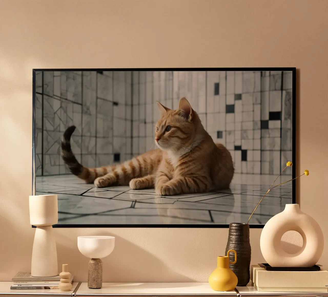 Gatto soriano arancione che si rilassa sul pavimento piastrellato in un interno moderno carta hahnemühle da DesignDoodle