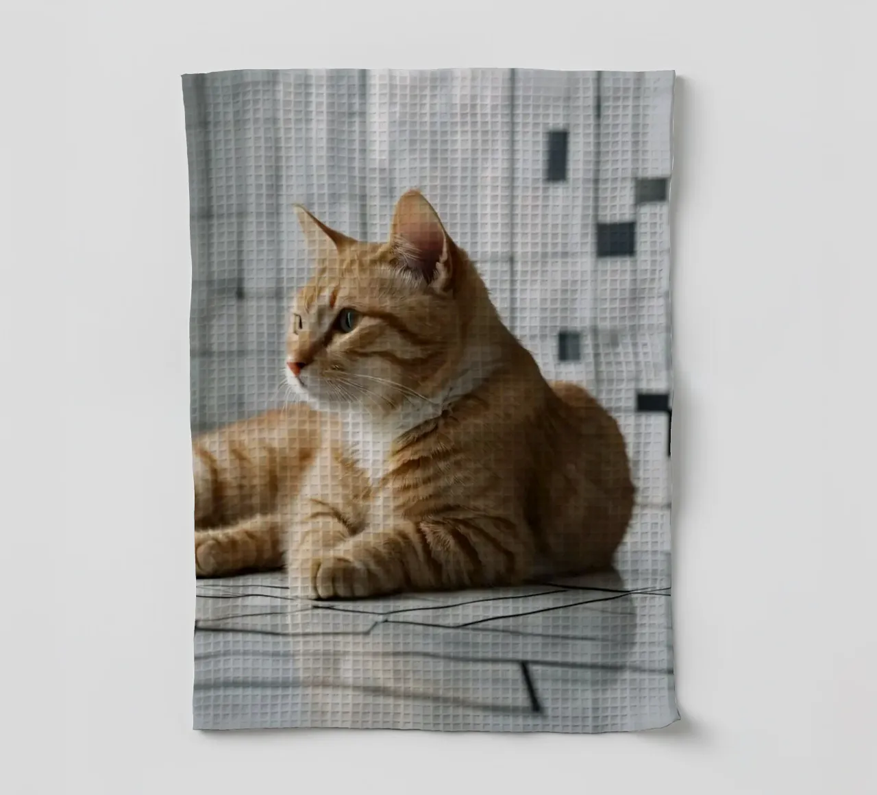 Gatto soriano arancione che si rilassa sul pavimento piastrellato in un interno moderno canovaccio da cucina da DesignDoodle