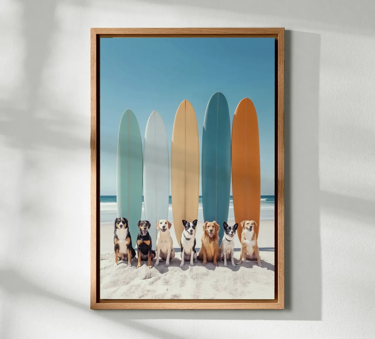 Cani con tavole da surf colorate tela con Cornice a cassetta da Indigo Tides Art