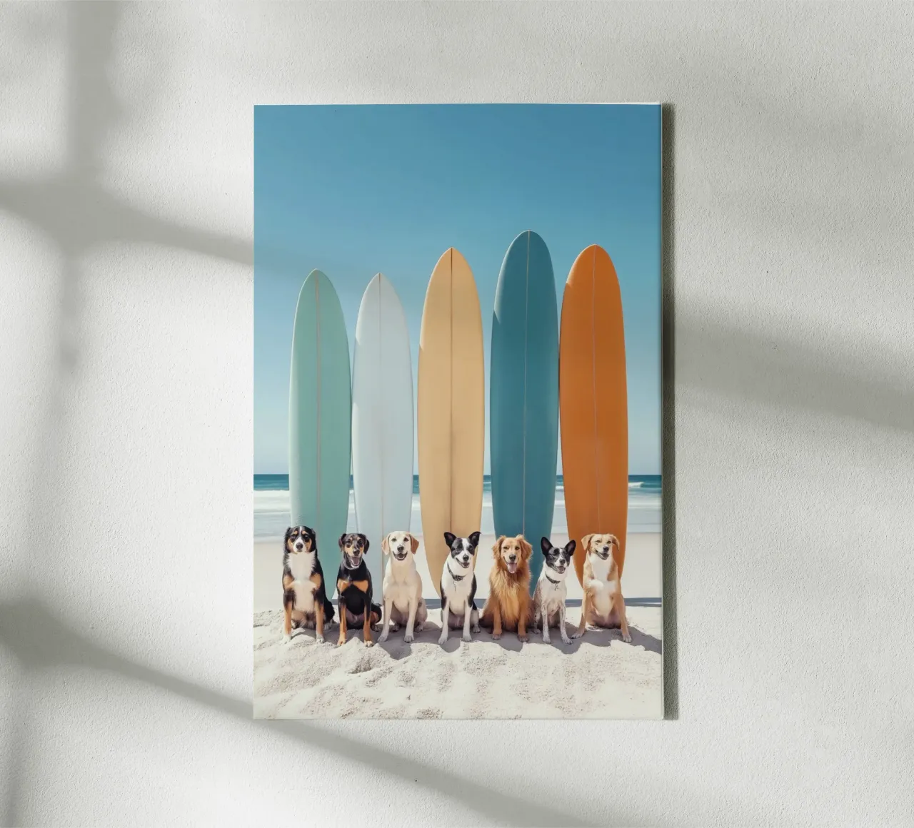 Cani con tavole da surf colorate tela con Cornice a cassetta da Indigo Tides Art