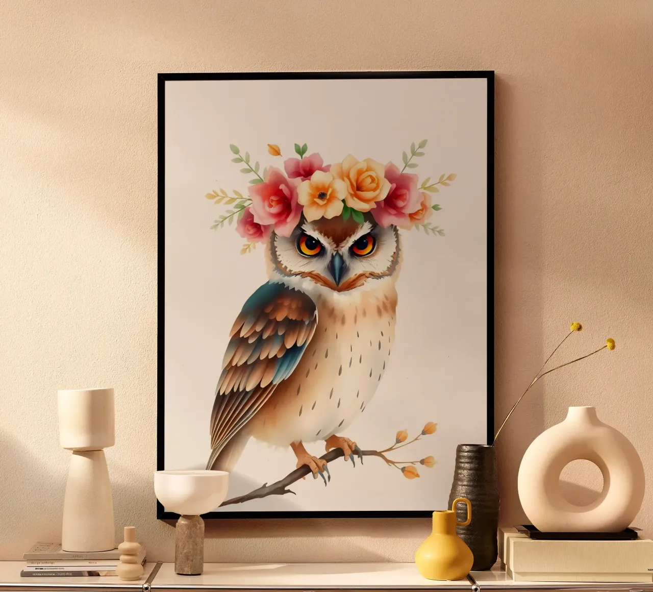 Gufo con corona di fiori carta hahnemühle da ARTOMATIC